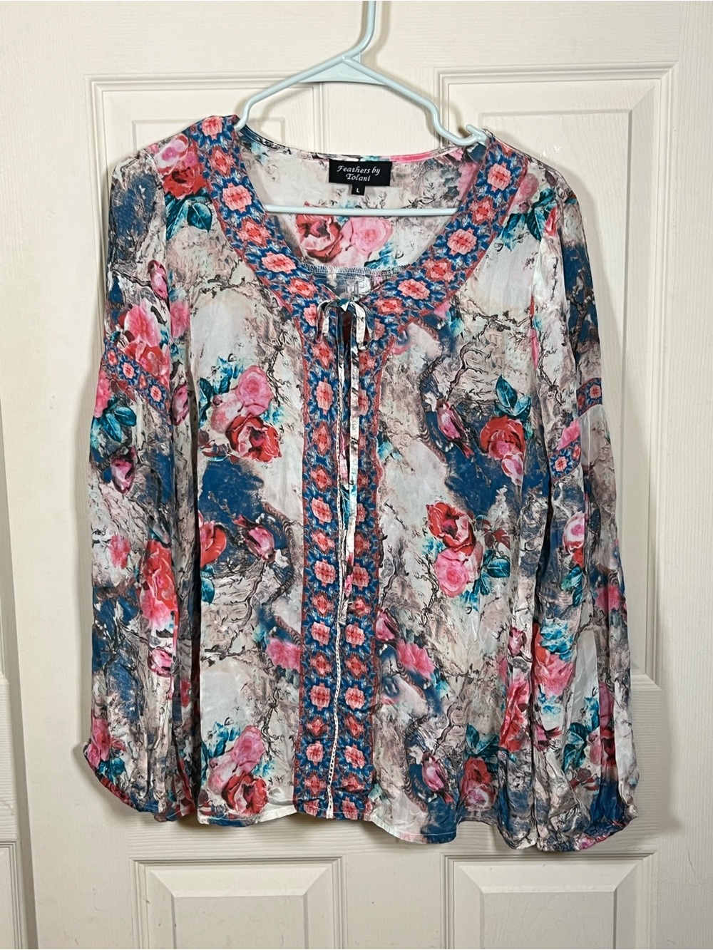 Feathers by Tolani Floral Boho Blouse L, 100% Viscose, C Long Sleeve Tie Neck